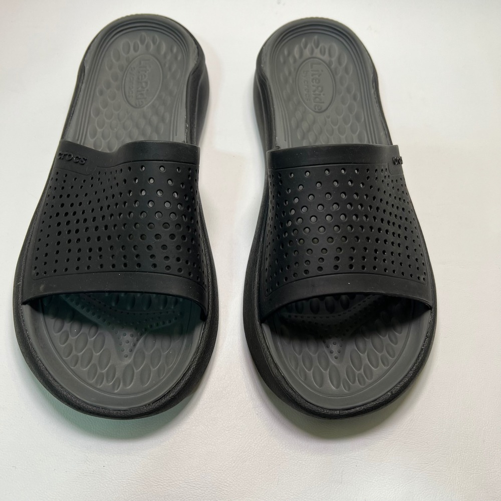 Crocs LiteRide Slide Sandals Mens 9 Womens 11 Black Perforated Comfort Summer